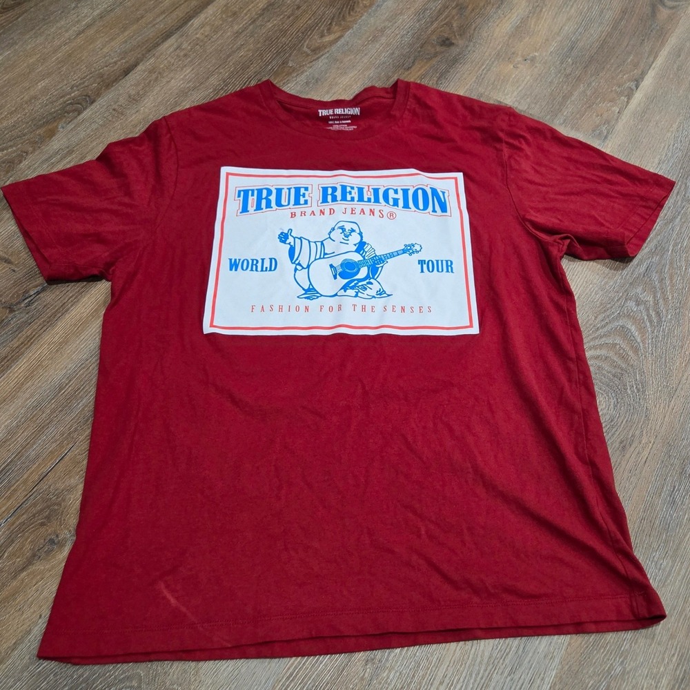 True Religion Mens Red World Tour Buddha Graphic T-Shirt XL Short Sleeve Tee